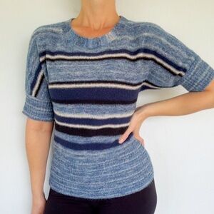 Leo & Nicole Petite blue stripe short sleeve knit cotton sweater top size small